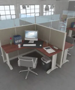5x5 L Shape Cubicles- 63″H- 4 MAN/PERSON(QUAD) Fabric & Glass Workstations-E - 5x5 Shape Cubicles- 63