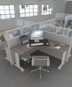 L-shape 4-person (quad) glazed cubicle workstations, 54-inch panels – 3D rendering