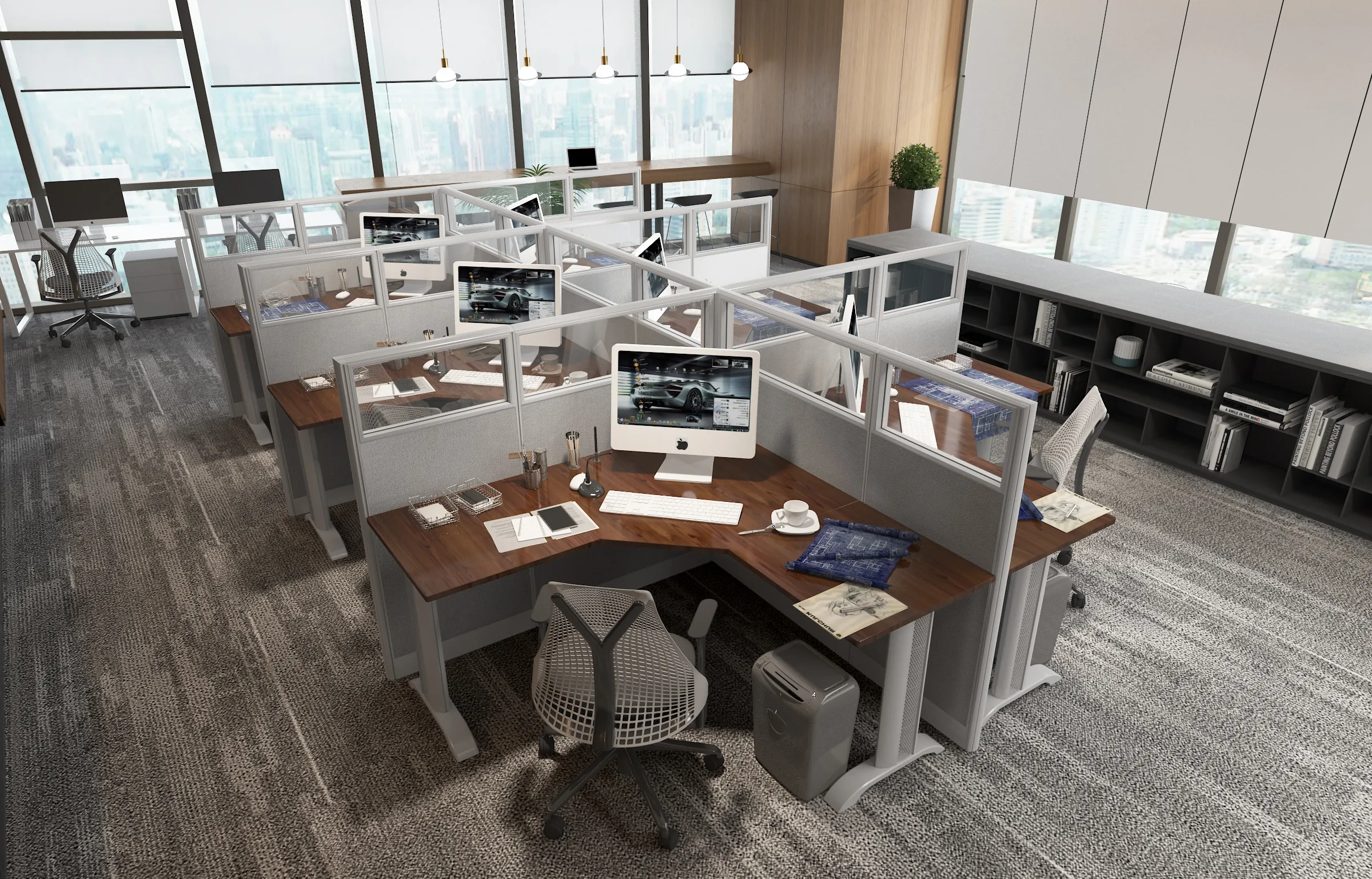 3 (1) 6x6 Cubicles- 54" H - 6 MAN (PACKED) L SHAPE Glazed Office Workstations-E - 6x6 Cubicles- 54 Packed