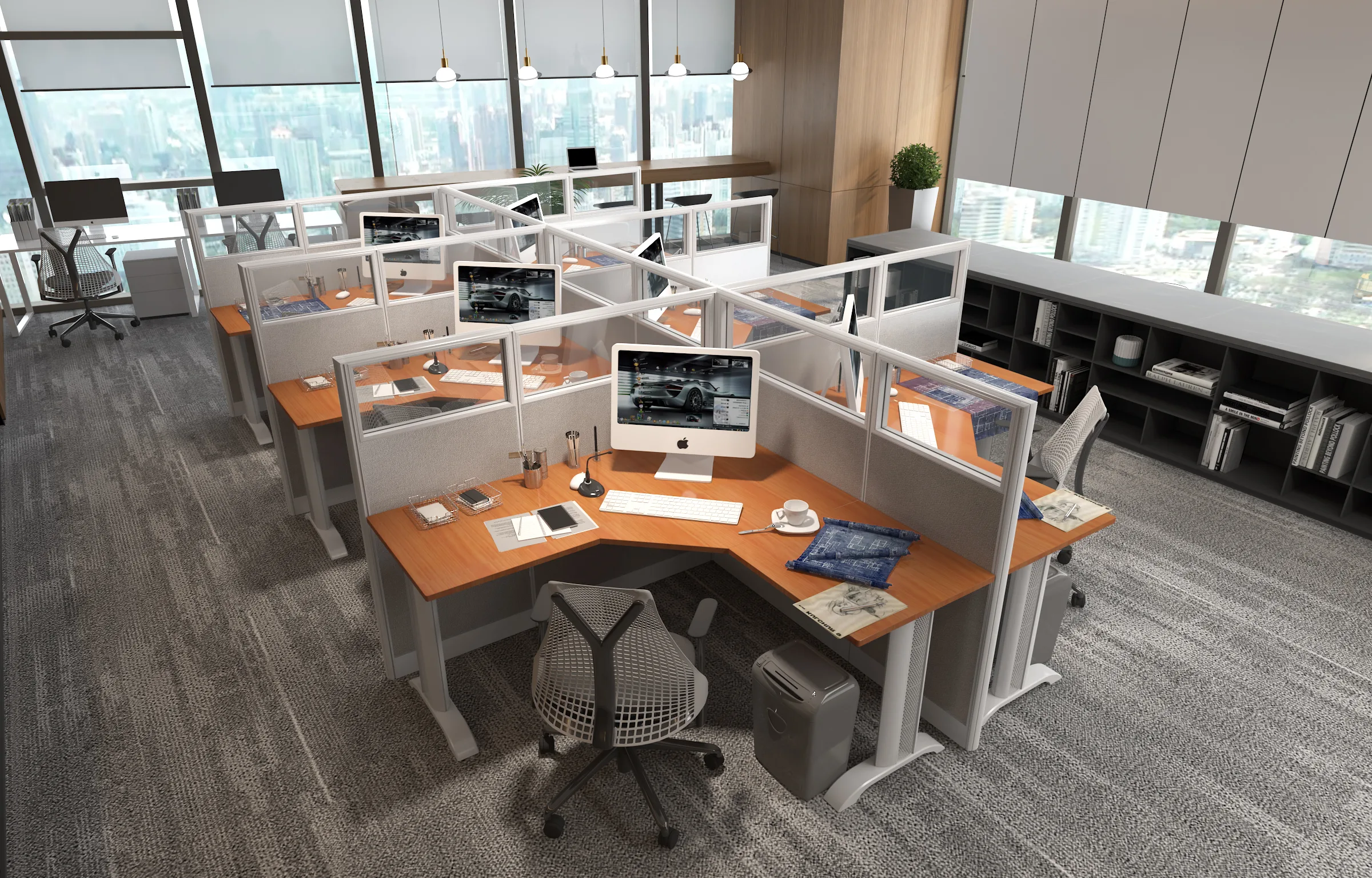 4 (1) 5x5 Cubicles- 54″ H- 6 MAN (PACKED) L Shape Glazed Office Workstations-E - 5x5 Cubicles- 54 H-