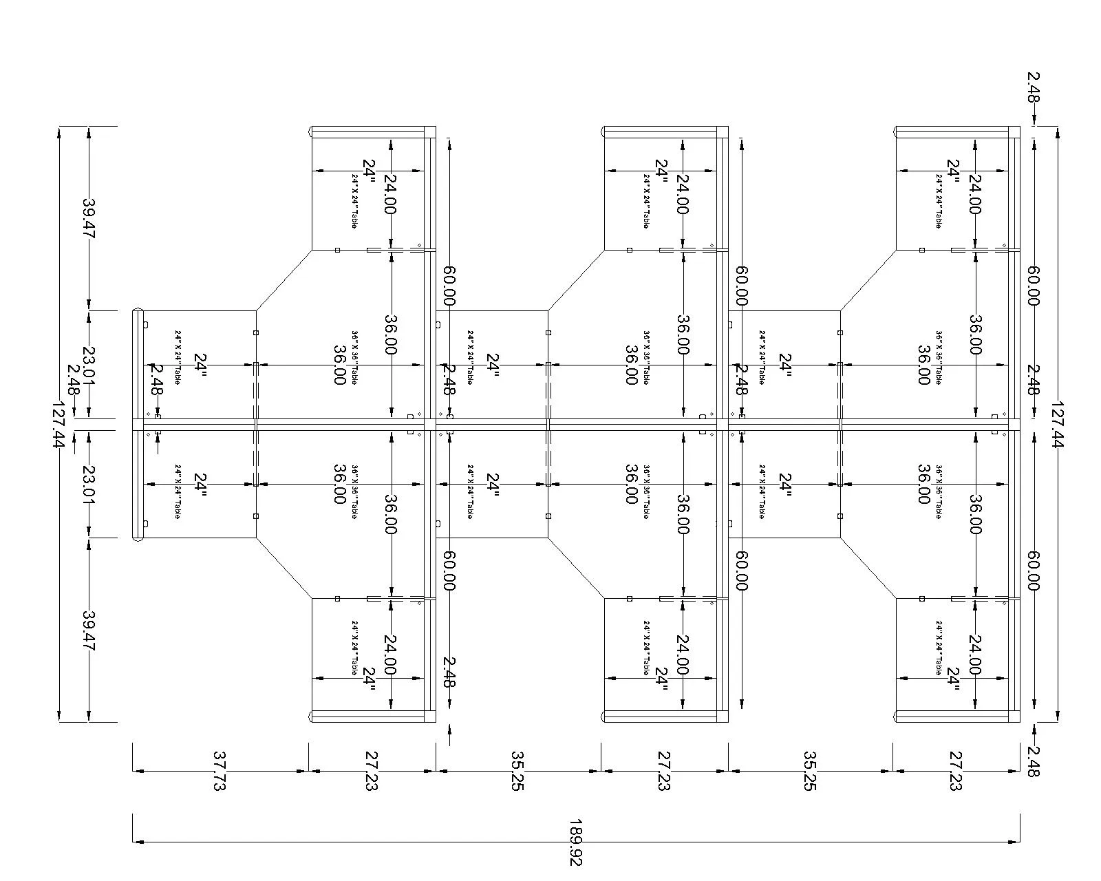 5x5 L-shape 6-person cubicle workstations – floor plan drawing with dimensions