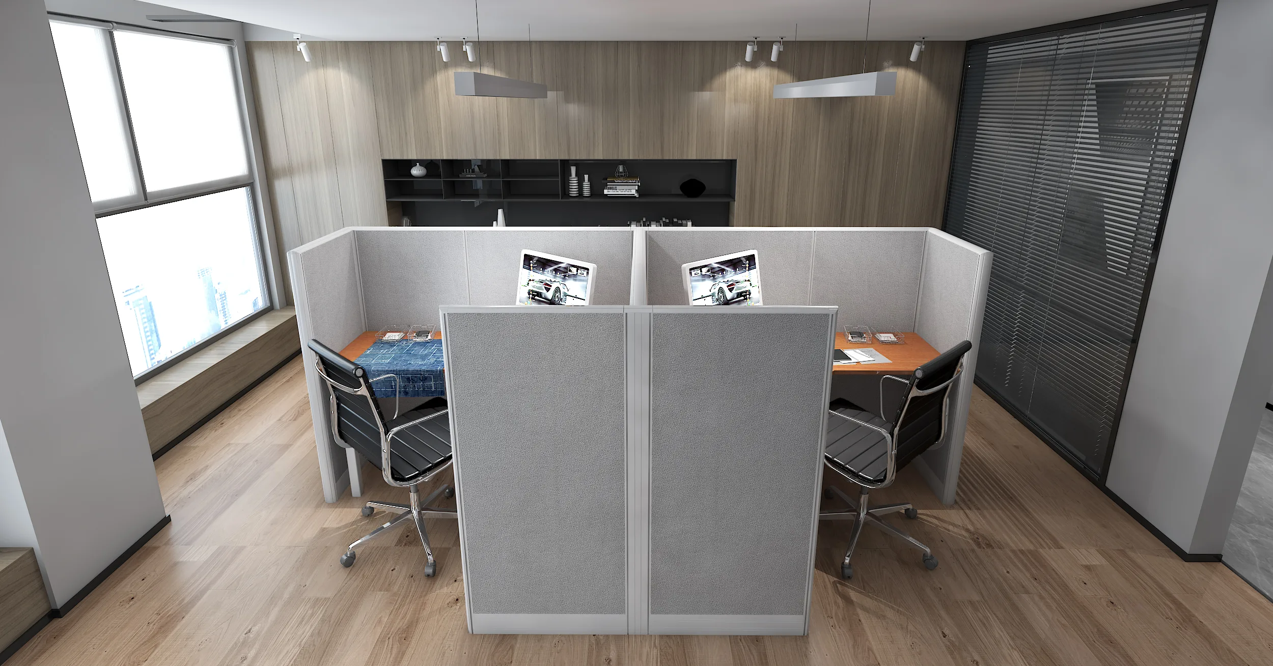 5x5 Cubicles -54″ H- 2 MAN (MIRROR) L Shape Fully Fabric Office Workstations -U - 5x5 Cubicles -54 H-