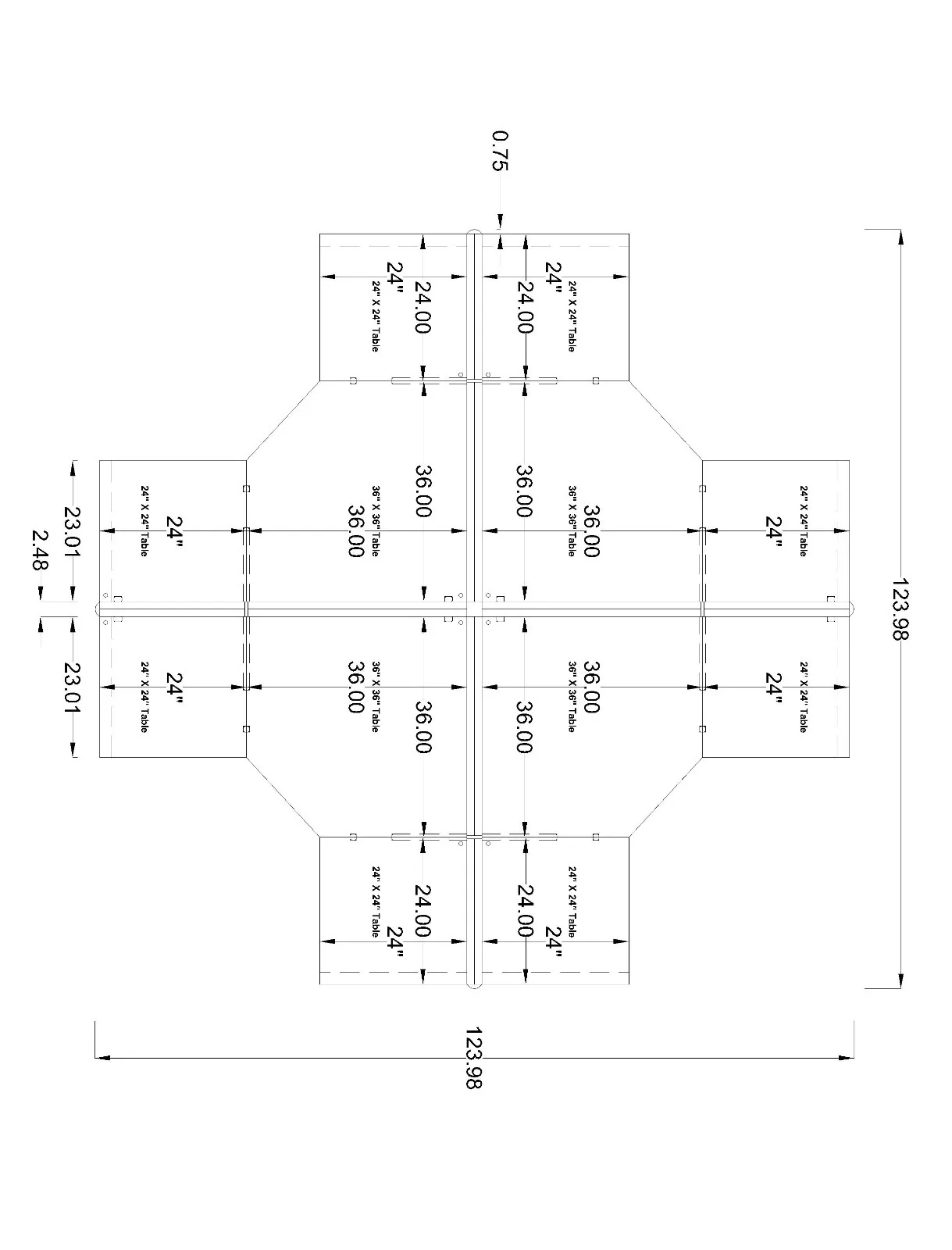 5x5 L-shape 4-person (quad) cubicle workstations – floor plan drawing with dimensions