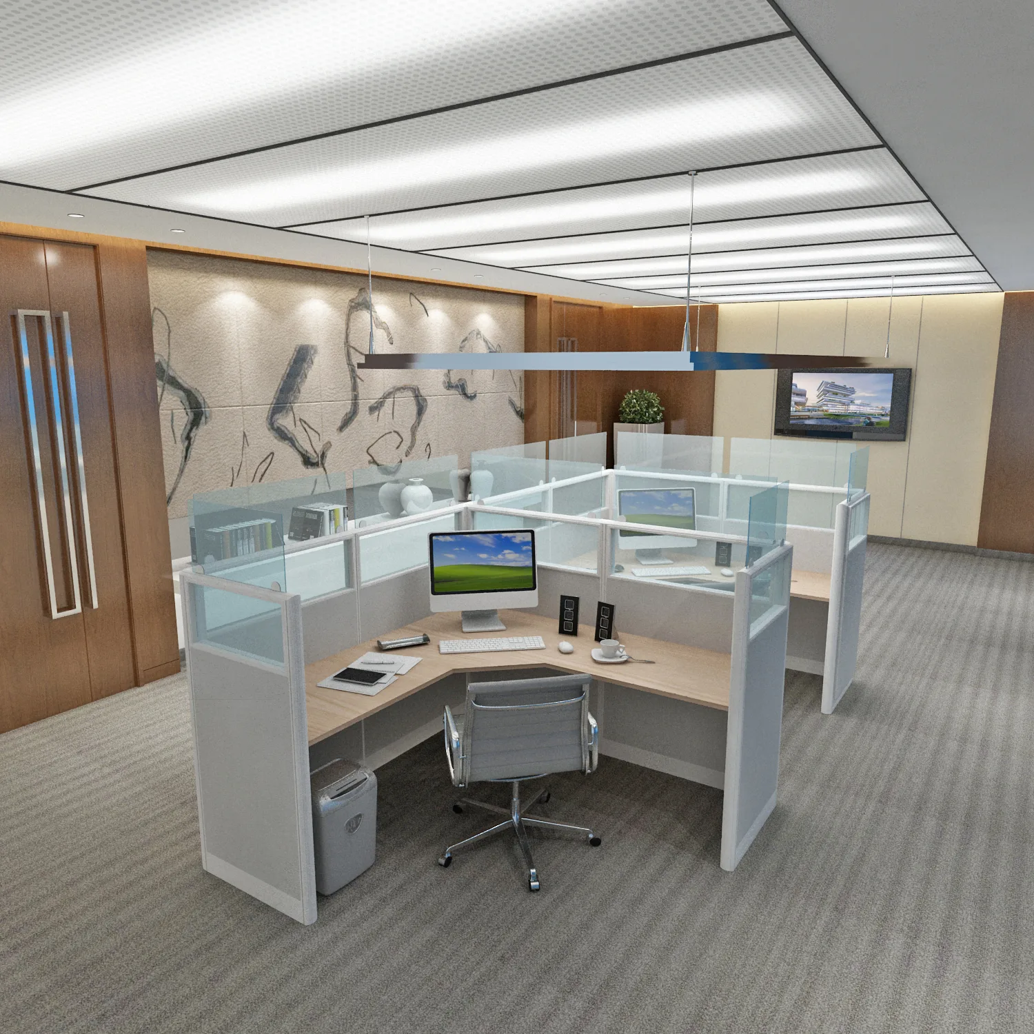 L-shape 2-person (double) glazed cubicle workstations – 3D rendering