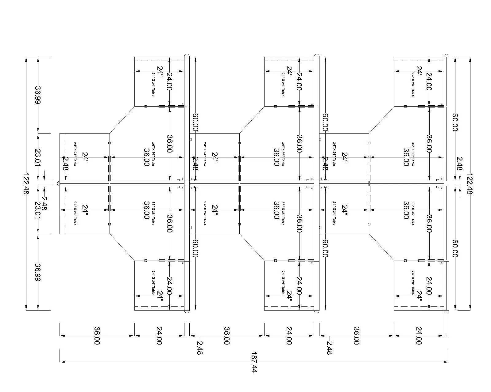 5x5 L-shape 6-person (packed) cubicle workstations – floor plan drawing with dimensions
