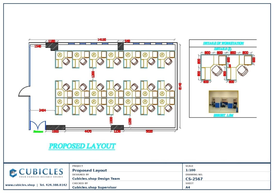 Professional office cubicle layout floor plan CS-2567 — Call Center Workstation Grid by Cubicles.shop