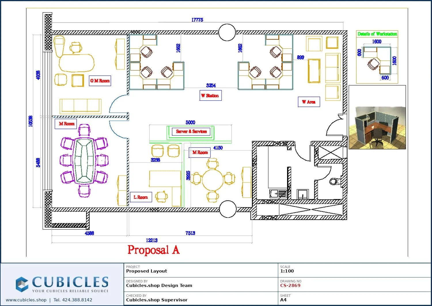 Office cubicle layout showing workstation spacing and aisles