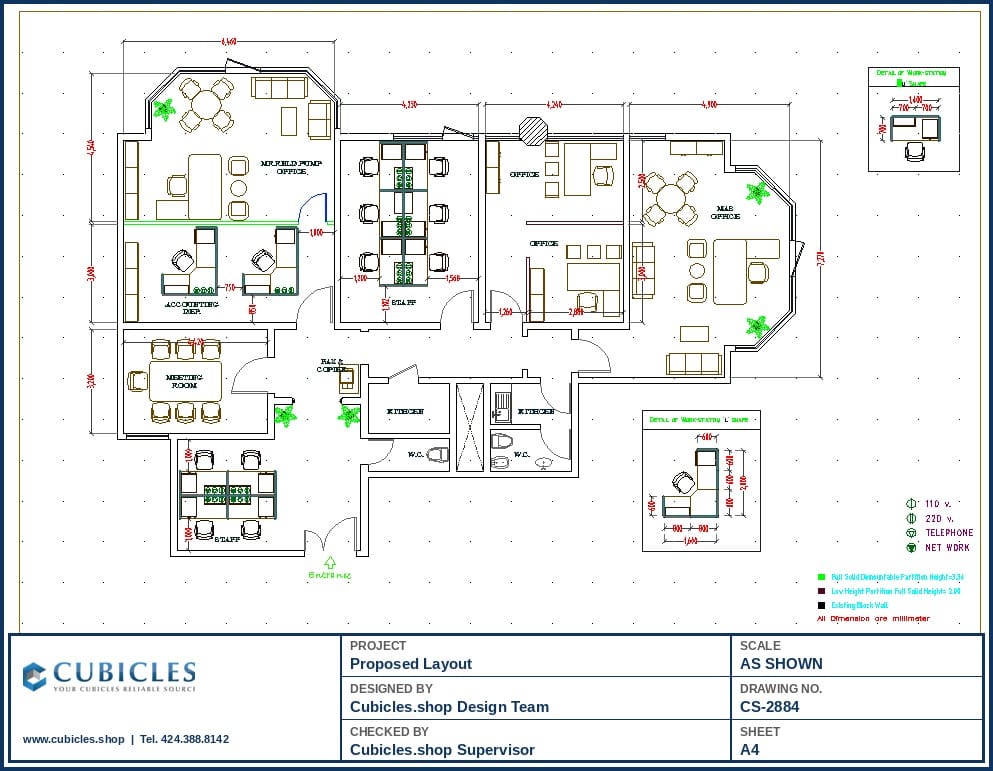 Mixed Office Cubicle Layout Floor Plan (2884)
