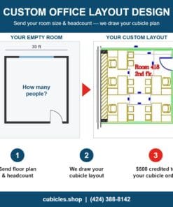 Custom office layout design: send your room size and headcount, we draw your cubicle layout, $500 credited to your cubicle order
