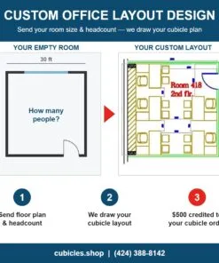 Custom office layout design: send your room size and headcount, we draw your cubicle layout, $500 credited to your cubicle order